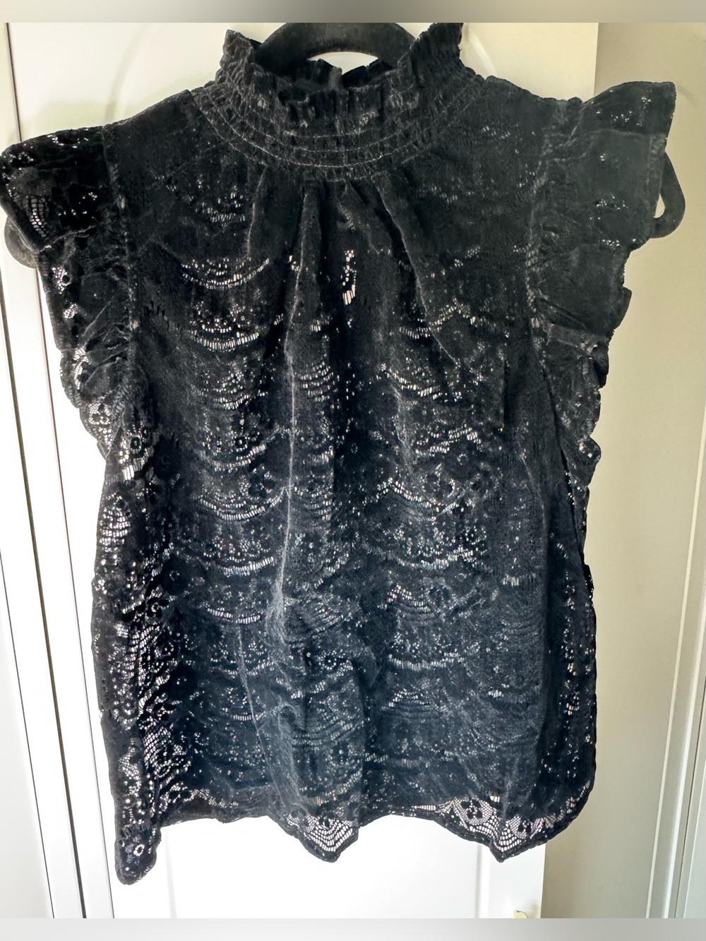 Express Black Lace High-Neck Ruffle Sleeve Blouse
